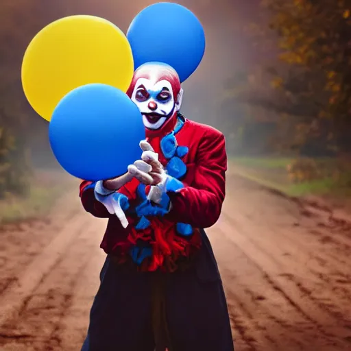 Image similar to realistic colorful beautiful cinematic epic image of a clown holding a blue ballon lost in a fair