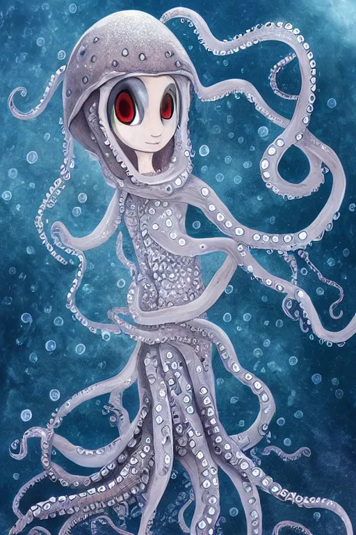 Image similar to young angelina golie portman as an octopus witch dressed in intricate silver clothing surrounded by underwater particles above sharks and sea creatures, fantasy, wlop, trending on artstation, deviantart, anime key visual, official media, professional art, 8 k uhd