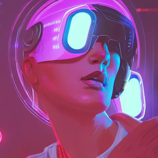 Image similar to butch cyborg woman repairs herself, cyberpunk art by james gilleard, cgsociety, retrofuturism, synthwave, retrowave, outrun