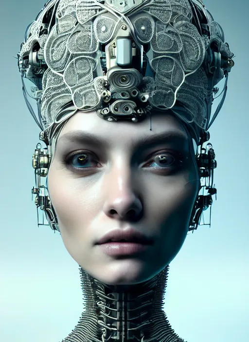 Image similar to portrait of an absurdly beautiful, graceful, sophisticated, fashionable cyberpunk mechanoid, hyperdetailed illustration by irakli nadar and alexandre ferra, intricate linework, white porcelain skin, faberge, fractal ivory headdress, unreal engine 5 highly rendered, global illumination, radiant light, detailed and intricate environment