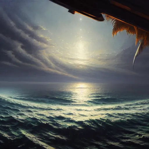 Image similar to point of view of botom of the ocean looking up, see fishes, the milk way, night time, midnight, no sunlight. highly detailed painting by, greg rutkowski 8 k