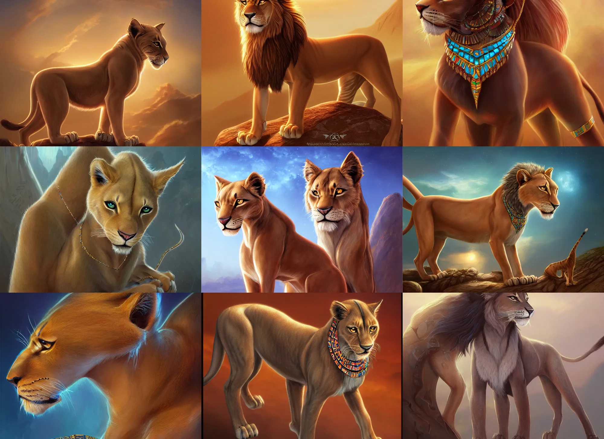 Prompt: fullbody beautiful detailed character design of a feral feline wearing egyptian necklace, egyptian jewelry. deviantart lioness adoptable, character concept artwork professional by artgerm, jessica rossier in the style of'the lion king ', artstation deviantart