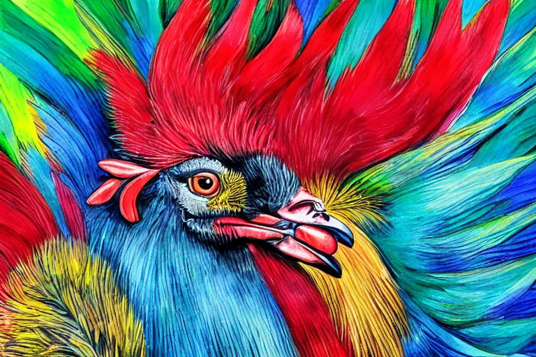 Image similar to illustration of a rooster with feathers of many colors, by feifei ruan and javier medellin puyou, lively colors, portrait, sharp focus, colored feathers, jungle
