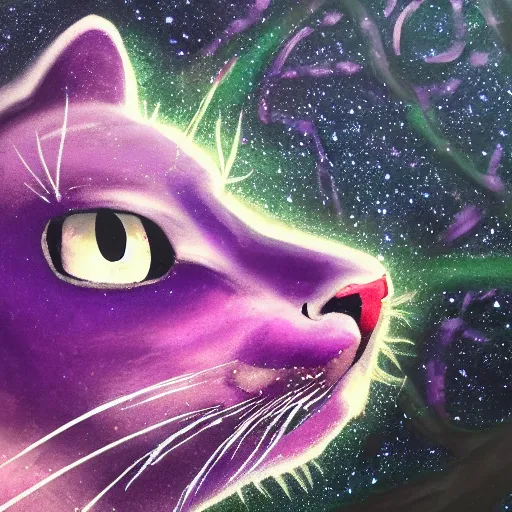 Image similar to closeup of a purple panther roaring at the moon in the forest. night. large moon in the center. cinematic. painting. concept art.