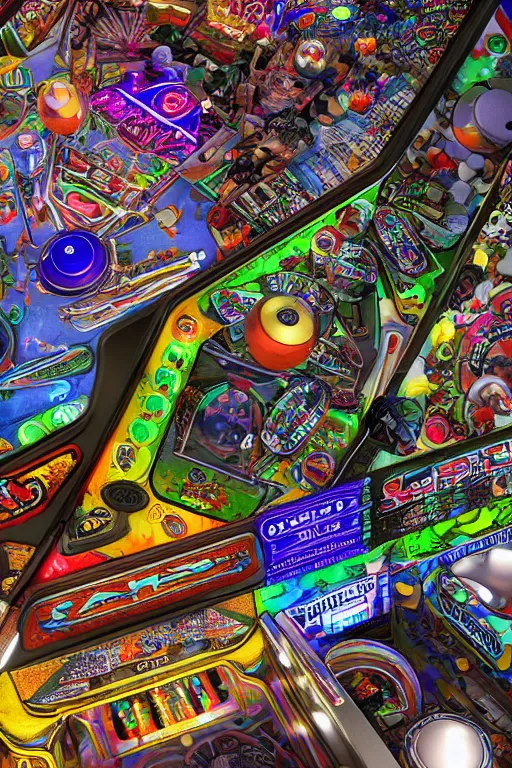 Image similar to a detailed pinball table layout overhead view, game art, realistic digital art, fluorescent colors, halluzinogenic, multicolored, exaggerated detailed, unreal engine