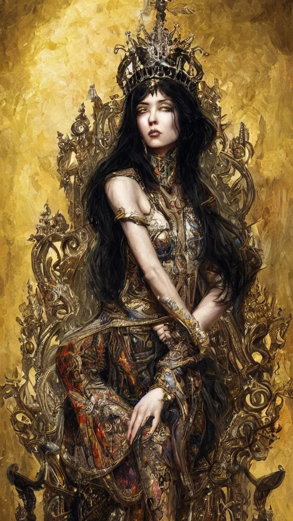 Image similar to painting of a beautiful black haired woman with pale skin and a crown on her head sitted on an intricate metal throne, illustration, artistic, colorful, hyper detailed, in the style of greg rutkowski,