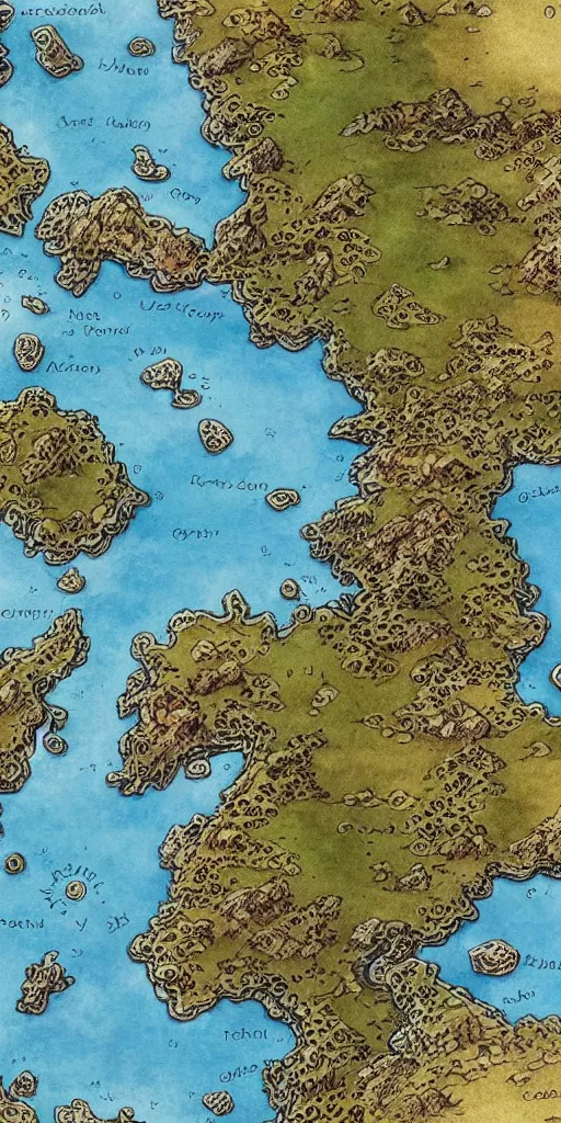 Prompt: fantasy map of a continent with diverse terrain, ultra-detailed, by Wilson McLean!, HD, D&D, 4k, 8k, high detail!, intricate, encyclopedia illustration