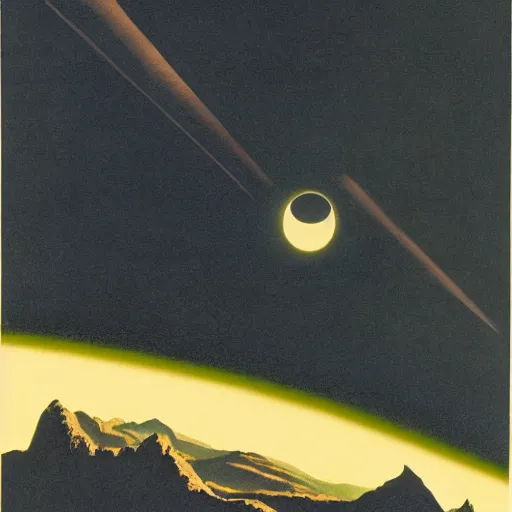 Image similar to dark solar eclipse, above rocky mountains, highly detailed, studio 4 k quality, by chesley bonestell