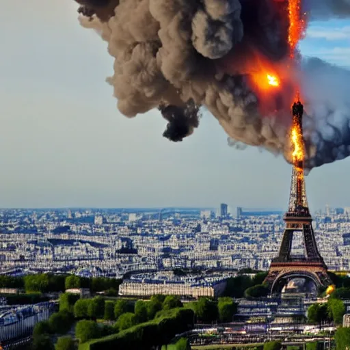 Image similar to the eiffel tower on fire and exploding, still