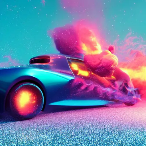 Image similar to a luxurious car is dramatically breaking out of a tv screen. cute 3 d octane render, elegant, an explosion of colorful powder in the background by pixar on artstation, 8 k