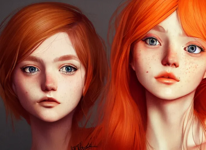 Prompt: portrait Girl with orange hair and freckles, cute-fine-face, white-hair pretty face, realistic shaded Perfect face, fine details. realistic shaded lighting by (((Ilya Kuvshinov)))