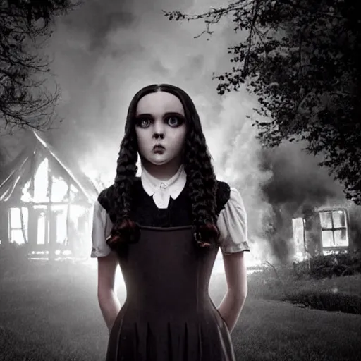 Image similar to a photo of a house burning down in the background and wednesday adams with an eerie expression in the foreground, strong depth of field