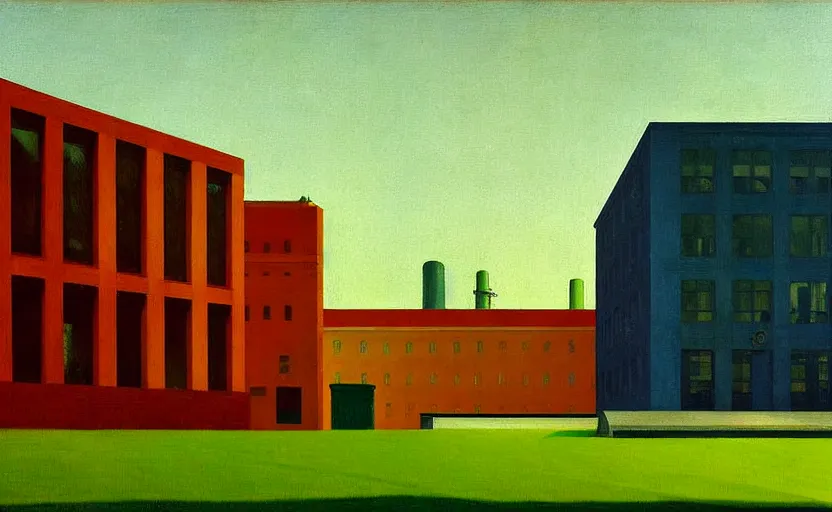 Image similar to geometric painting of industrial buildings surrounded by undergrowth by edward hopper