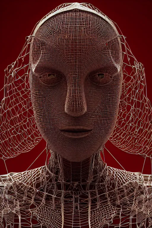 Prompt: intricate 3d render of a complex robotic human face, liquid simulation background, dramatic lighting, silver gold red details, hexagonal mesh wire, filigree intricate details, cinematic, fleshy musculature, elegant, octane render, 8k post-processing
