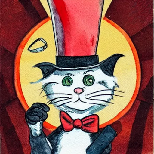 Prompt: the cat in the hat holding a hammer and sickle flag, detailed, watercolor, in the style of dr. seuss, dr. seuss, zany