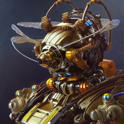 Image similar to highly detailed robot in the form of a bee, art by donato giancola, eugene delacroix, ruan jia, carl larsson, peter mohrbacher. trending on artstation, intricate details, energetic composition,, concept art, illustration, elegant art, global illuminaition