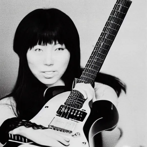 Image similar to a black and white photograph of a female japanese artist playing an electric guitar, 1 9 7 0 s
