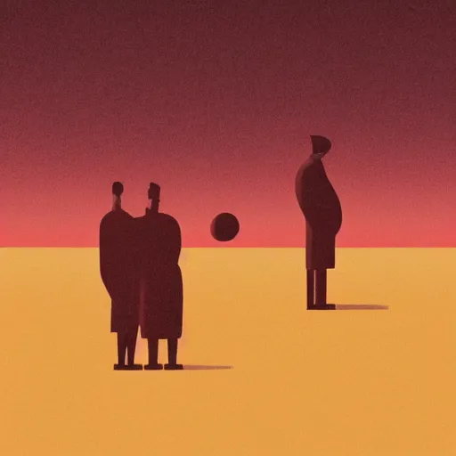 Image similar to a couple of people that are standing in the dark by emiliano ponzi, james gilleard, george ault, david hockney, atey ghailan, albert namatjira, marius borgeaud, minimalist, bauhaus, retrofuturism, postminimalism, concept art, matte background, matte drawing, magical realism, space art, generative art