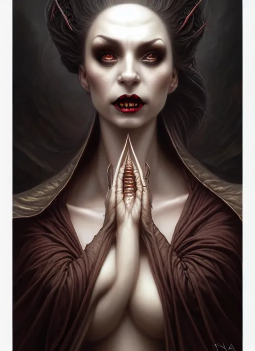 Image similar to portrait shot of a female vampire, intricate, elegant, highly detailed, centered, digital painting, artstation, concept art, smooth, sharp focus, illustration, artgerm, tomasz alen kopera, peter mohrbacher, donato giancola, joseph christian leyendecker, wlop, boris vallejo