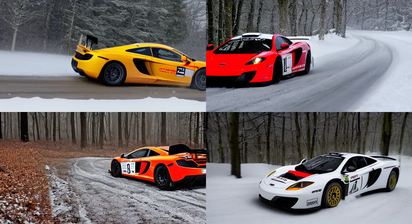 Prompt: a 2 0 1 1 mclaren mp 4 - 1 2 c gt 3, racing through a rally stage in a snowy forest