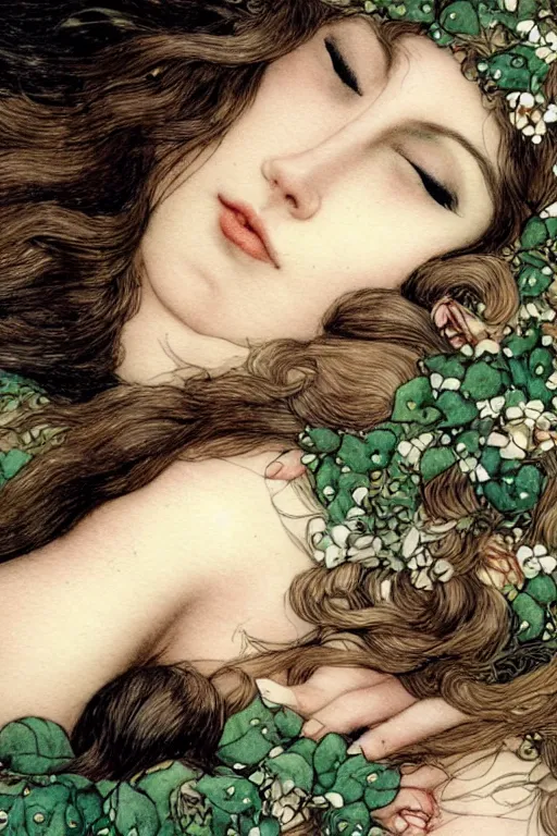 Image similar to closeup face shot of sleeping woman with long hair on a bed surrounded by ivy and flowers, fantasy art, trending on artstation, sleeping beauty fairytale, art by luis royo and walter crane and kay nielsen, watercolor illustration,