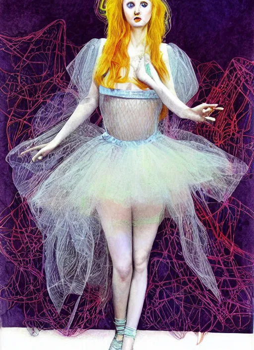 Image similar to surrealism psychedelic full body portrait sketch of lily cole as delirium of the endless in fishnet top and tutu skirt from the sandman, by alex ross, josh kirby, detailed, elegant, intricate