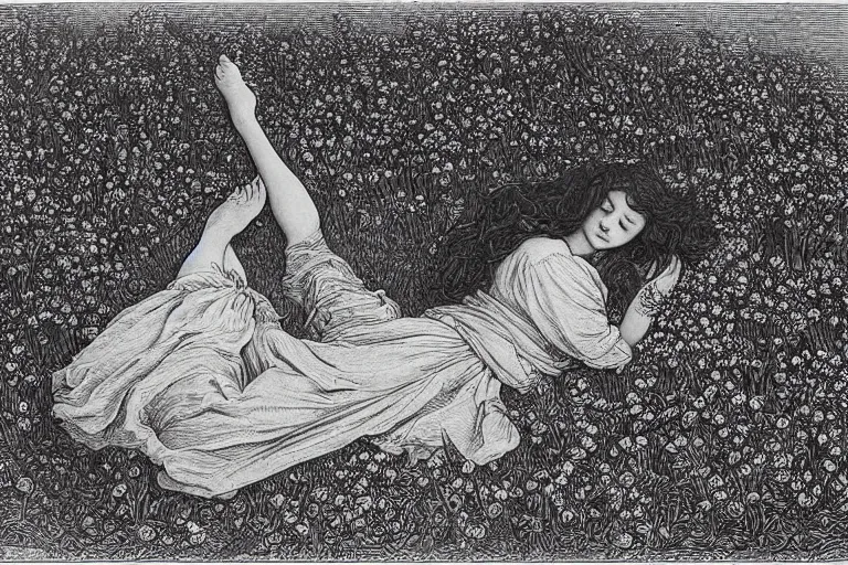 Image similar to black and white, young french woman sleeping in the flower field, top view, Gustave Dore lithography