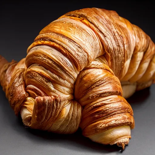 Image similar to a weta made out of croissant, on a mannequin. high quality, high resolution, studio lighting