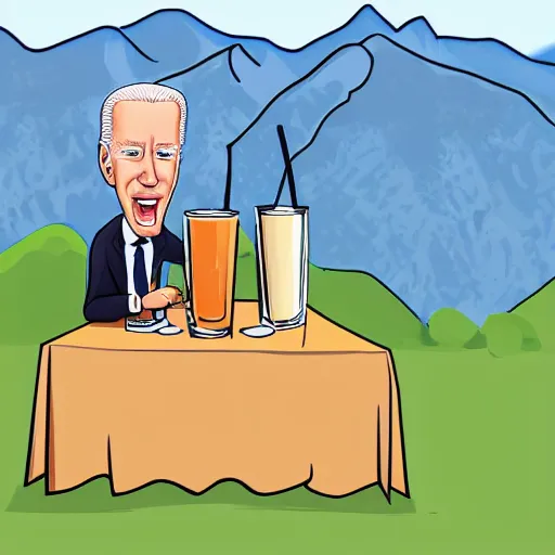 Image similar to cartoon drawing of Biden and Trump together drinking a lemon drink with Rio de Janeiro mountains on the background