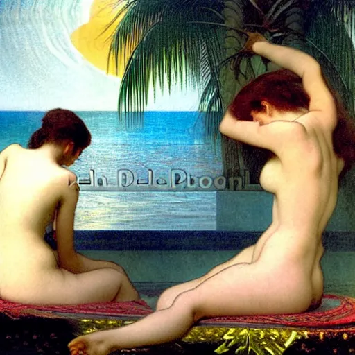 Image similar to Moon girl at the palace, thunderstorm, greek pool, beach and palm trees on the background major arcana sky, by paul delaroche, alphonse mucha and arnold böcklin arnold böcklin hyperrealistic 8k, very detailed