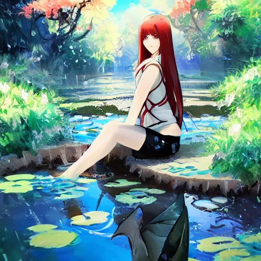 Image similar to isekai masterpiece drawn byaenami alena, atroshenko andrew, asencio henry, averin alexandr, blanchard antoine, bussiere gaston of a beautiful anime girl sitting in a pond filled with lily pads and koi fish