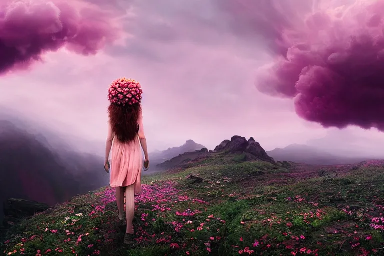 Image similar to giant dahlia flower crown head, woman walking on mountain, surreal photography, pink storm clouds, dramatic light, impressionist painting, digital painting, artstation, simon stalenhag