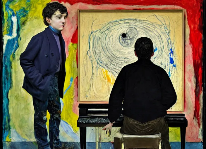 Image similar to front portrait of a child piano player, vincent lefevre and hernan bas and pat steir and hilma af klint, psychological, photorealistic, dripping paint, washy brush, rendered in octane, altermodern, masterpiece