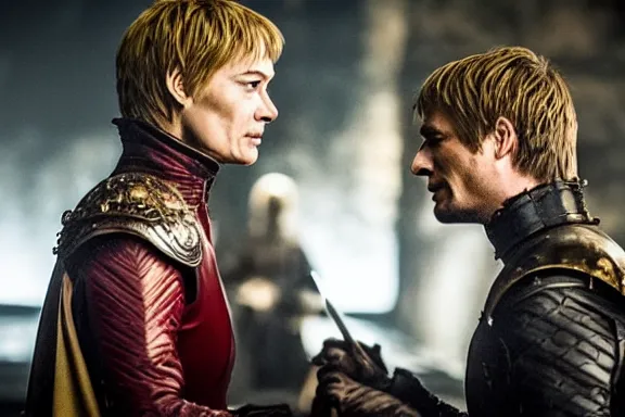 Image similar to very very intricate photorealistic photo of jaime lannister killing cersei, photo is in focus with detailed atmospheric lighting, award - winning details