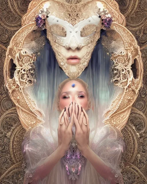 Image similar to beautiful ethereal maiden in a ivory masquerade mask intricate ornate fractal-lace and gemstones, wearing stunning ivory dress, subdued pastel color palette, full view, soft lighting, vivid, Hyperdetailed, 4k hd matte painting by Artgerm, Greg Rutkowski, Klimt, James Jean, 8k resolution, enchanting and otherworldly, Artstation, CGsociety, detailed, front view