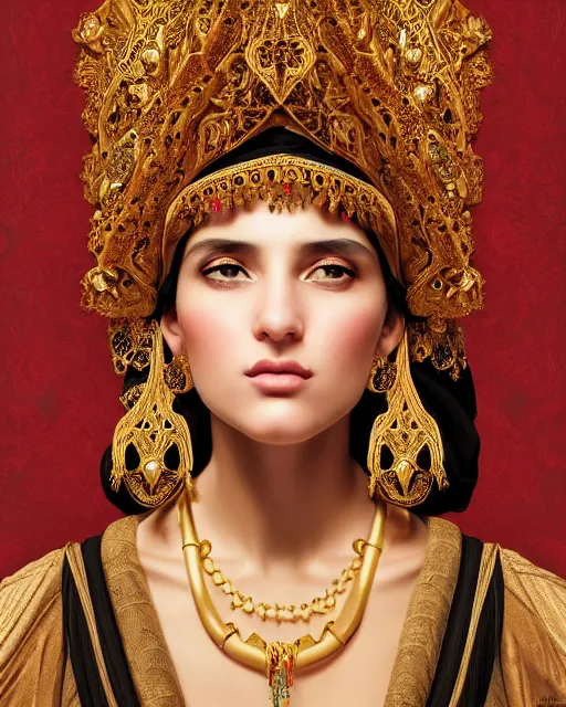 Image similar to photo of a gorgeous young bedouin woman wearing elaborate heavy baroque jewelry and headgear and rococo ornaments in the style of stefan kostic, realistic, sharp focus, symmetric, 8k high definition, insanely detailed, intricate, elegant, art by stanley lau and artgerm, William-Adolphe Bouguereau