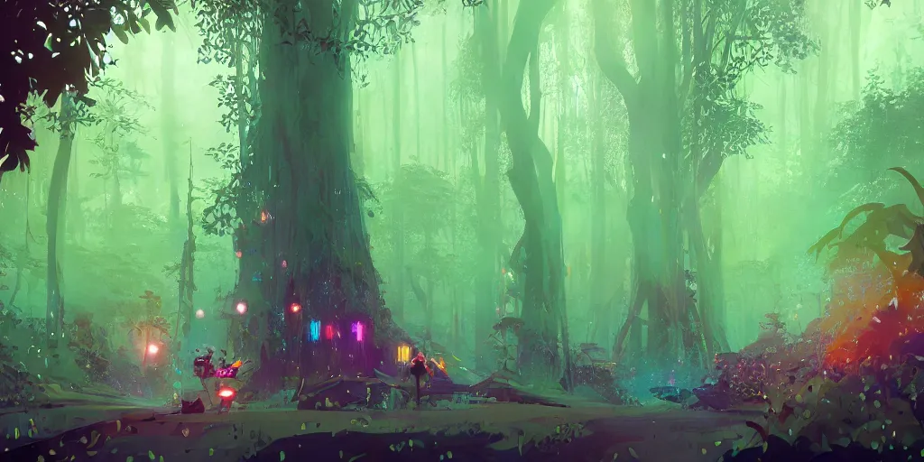 Prompt: magic forest, giant trees, vibrantly lush, neon lighting, beautiful volumetric lighting, , intricate details, ghosts, ethereal creature, cinematic illustration by pascal campion and john howe, trending on artstation,