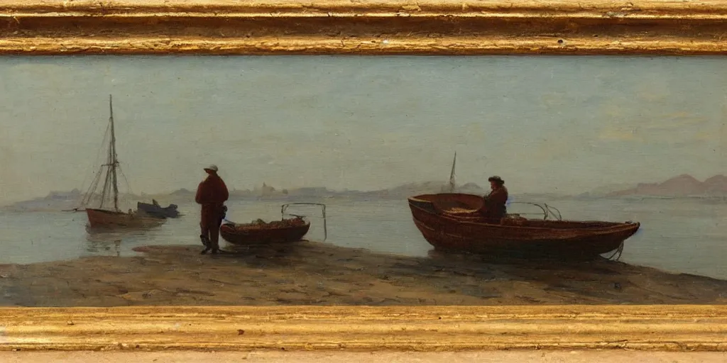 Image similar to old fisherman at work on his boat. early morning. late 1 9 th century. oil on canvas.