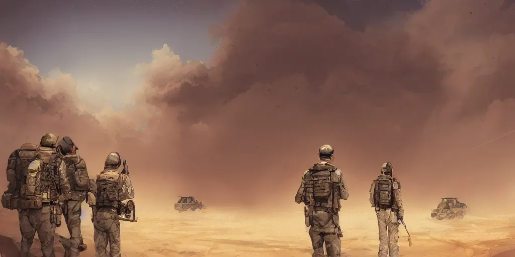 Prompt: private military company operatives standing outside immigration check point with severe sand storm across the sky, cinematic, realistic, detailed, intricate, digital art, ambient lighting, by jordan grimmer, pop art style, 3 5 mm film grain, artstation