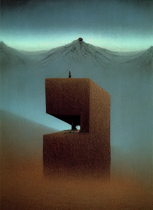 Prompt: mountain cabin by beksinski and salvadore dali