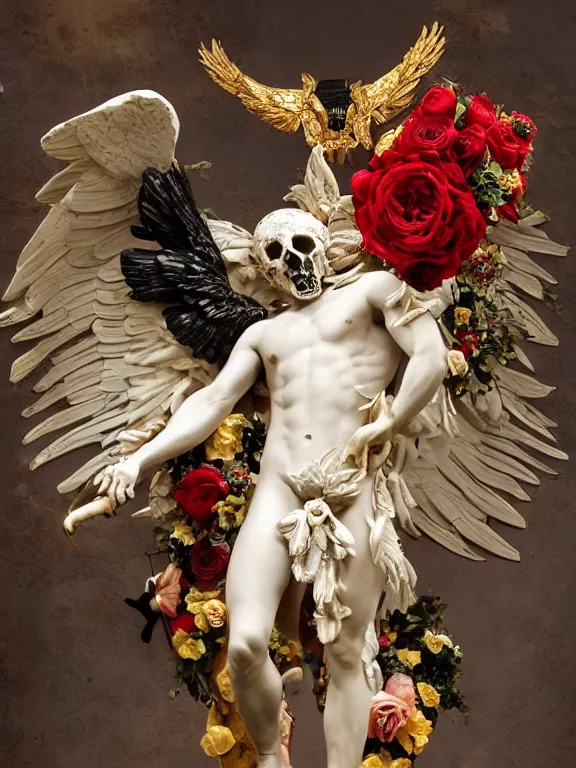 Prompt: a icarus with wings in the form of a Greek sculpture with a mask in the form of a black cat skull and wreath of flowers, roses in hands, dressed in a flower dress, stands in the pose of a super hero on a golden stone, silk, fabric, birds, flowers. red plastic. baroque elements, human skull. full-length view. baroque element. intricate artwork by caravaggio. many many birds birds on background. Trending on artstation. halo. octane render, cinematic, hyper realism, octane render, 8k, depth of field, bokeh. iridescent accents. vibrant. teal and gold and red colour scheme