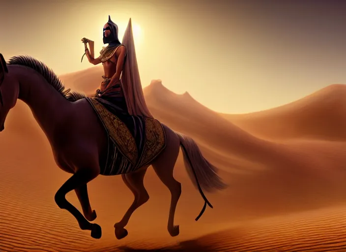 Image similar to arabian knight on arabian horse in the desert, sand environment, illustration, symmetrical, smoky, unreal engine, colors, epic scene, fantasy art by greg rutkowski,, golden raito, high quality, intricate details, details, intricate, atmosphere, highly detailed, matte painting, cinematic, deviantart, realistic, concept art, 4 k