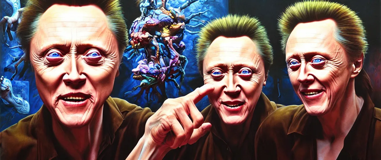 Prompt: hyperrealist painting of young christopher walken pointing and laughing at me concept art wayne barlowe hannah yata very dramatic lighting 8k wide angle shallow depth of field