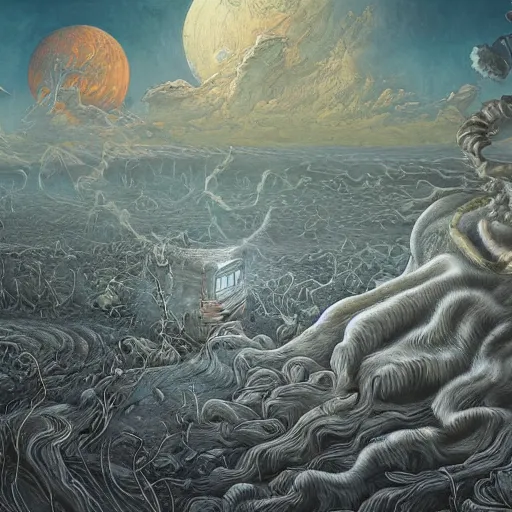 Image similar to hyper - detailed painting of ghostly character composition in the style of artist chris mars, in a landscape