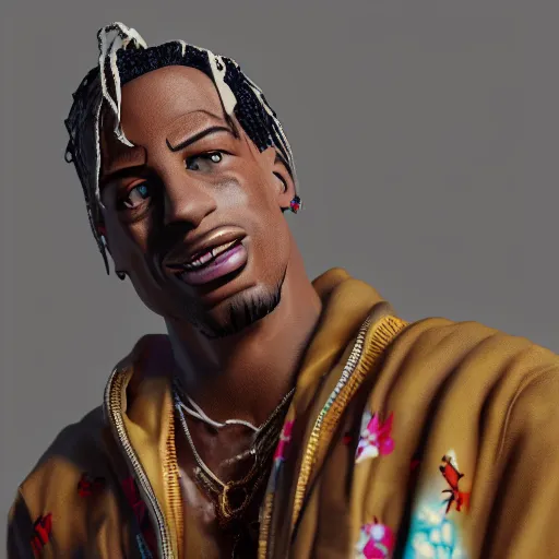 Image similar to Travis Scott in a kimono, figurine, studio lighting, blender, octane render, 8k, trending on artstation, high quality, detalied,