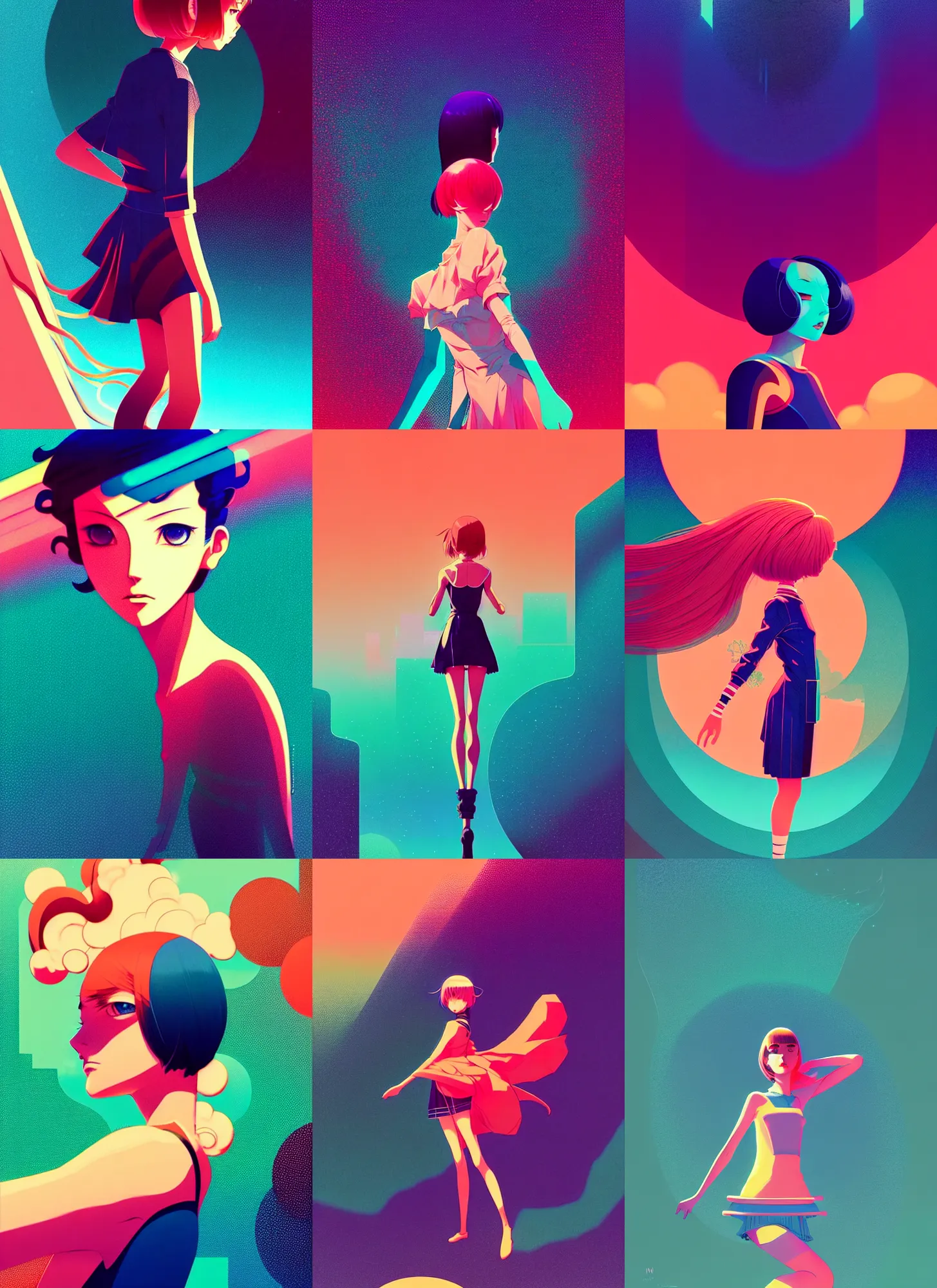 Prompt: ( ( dither ) ), editorial illustration of a cute anime girl posing, dynamic pose, modern art deco, colorful, ( ( mads berg ) ), christopher balaskas, victo ngai, rich grainy texture, detailed, dynamic composition, wide angle, moebius, yoh yoshinari