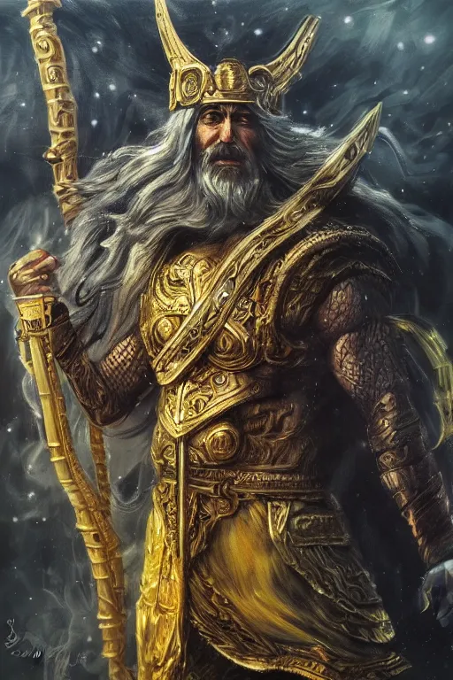 Prompt: mythological odin all father god of thunder and artificial intelligence creating deep learning with gold synapses on an anvil, high resolution, award winning art, trending on art station, sharp image, incredibly detailed, detailed character realistic painting