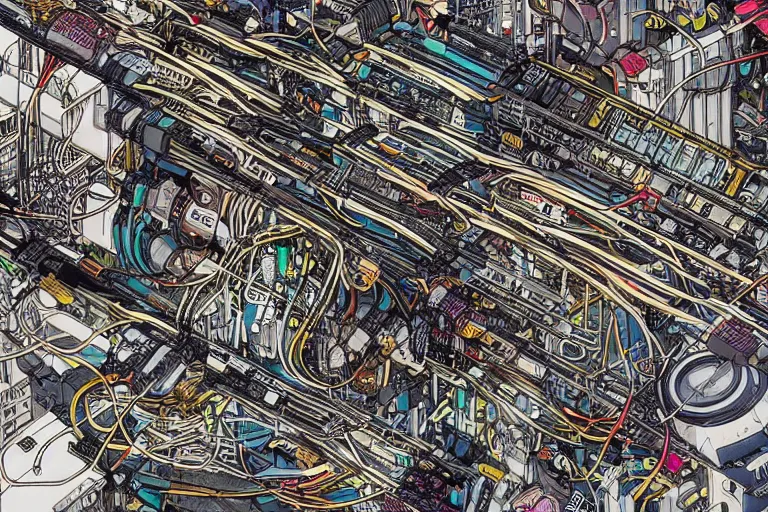 Image similar to an extremely beautiful cyberpunk illustration of parts of female androids' bodies lying scattered across an empty white background with cables and wires coming out, by katsuhiro otomo and masamune shirow, hyper-detailed, colorful, bird view