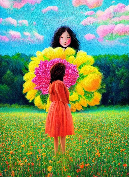 Image similar to girl with giant flower as a face and flower dress, standing in a flower field hills, big trees, sunrise dramatic light, impressionist painting, colorful clouds, digital painting, pointillism, artstation, simon stalenhag