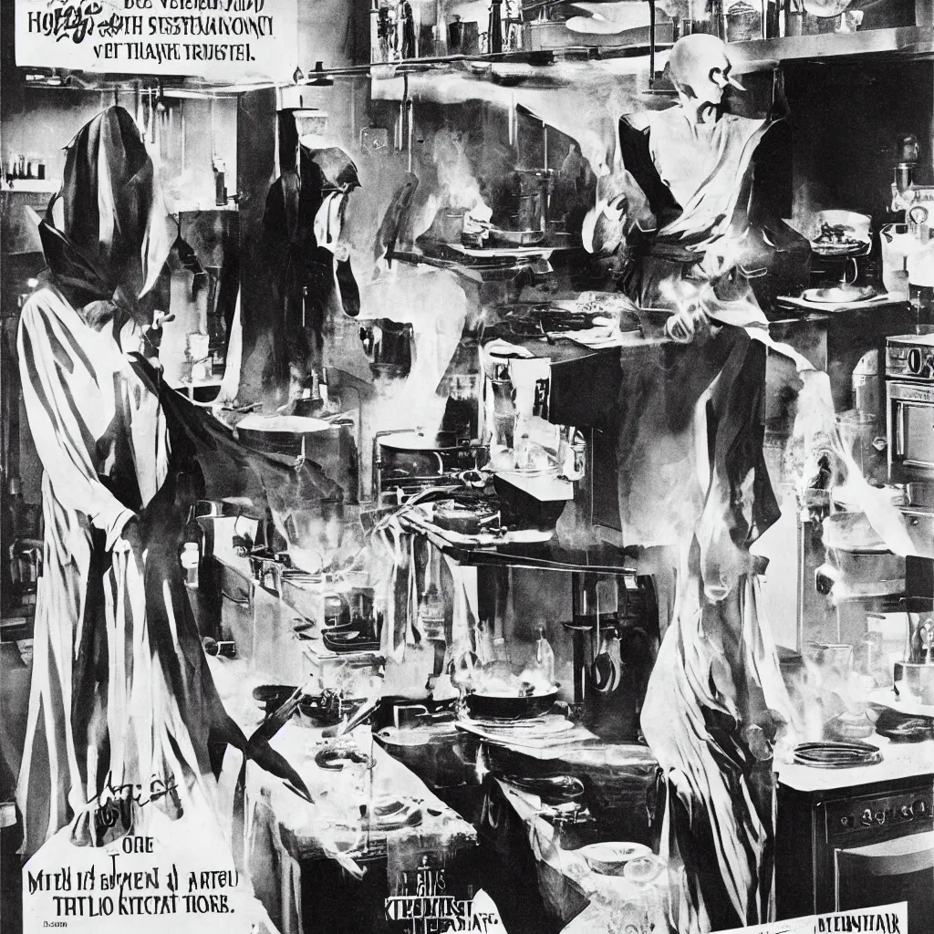 Image similar to nosferatu is cooking in a kitchen, american advertising 1 9 6 0's, photography